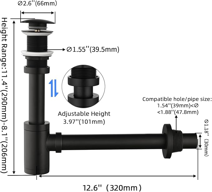 Bathroom Sink Stopper P-Trap Complete Set Adjustable 1-1/4 Bottle Trap Solid - Image 3