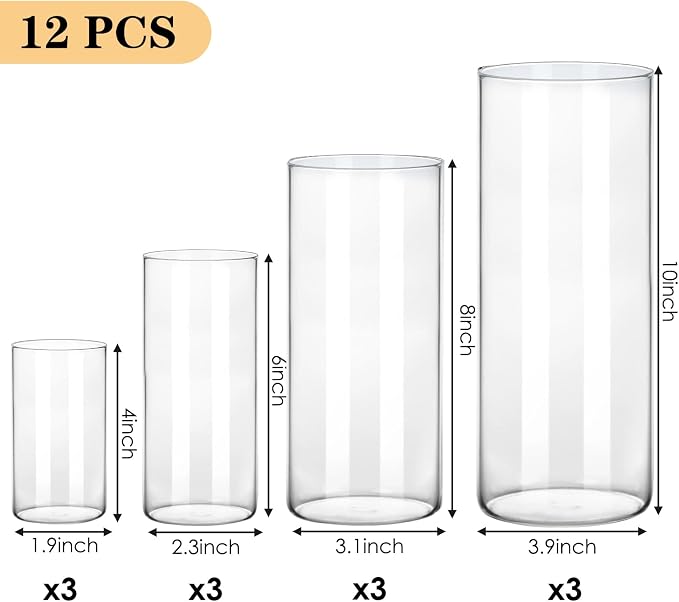 Fixwal 12pcs Clear Glass Cylinder Vases, 10 Inch Tall | Cylinder Vases - Image 2