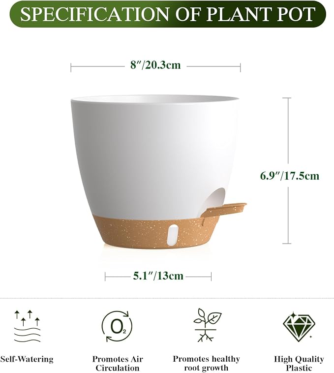 Self Watering Pots with Drainage Holes, 2 Pack 8 Inch Plant Pots with Water - Image 2