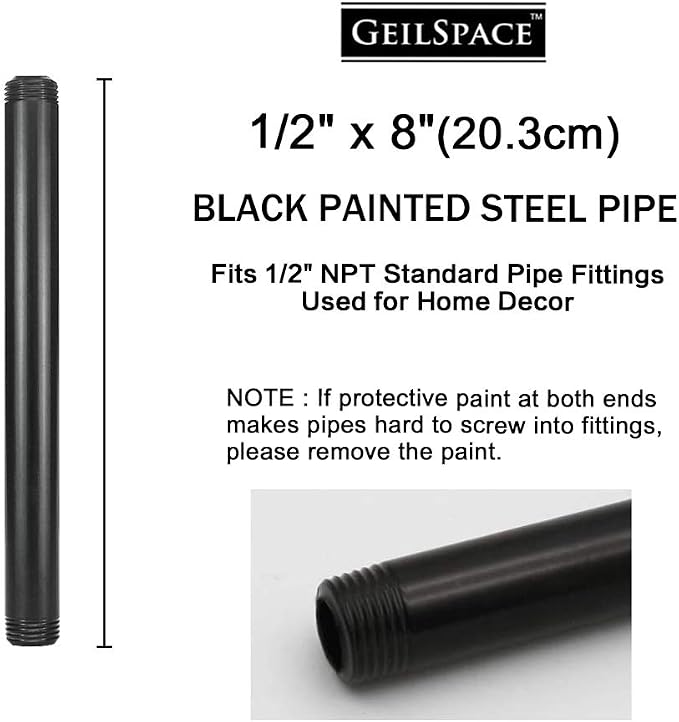 6 Pack 1/2" × 8" Pre-Cut Black Metal Pipe, Industrial Steel Fits Standard Half - Image 2