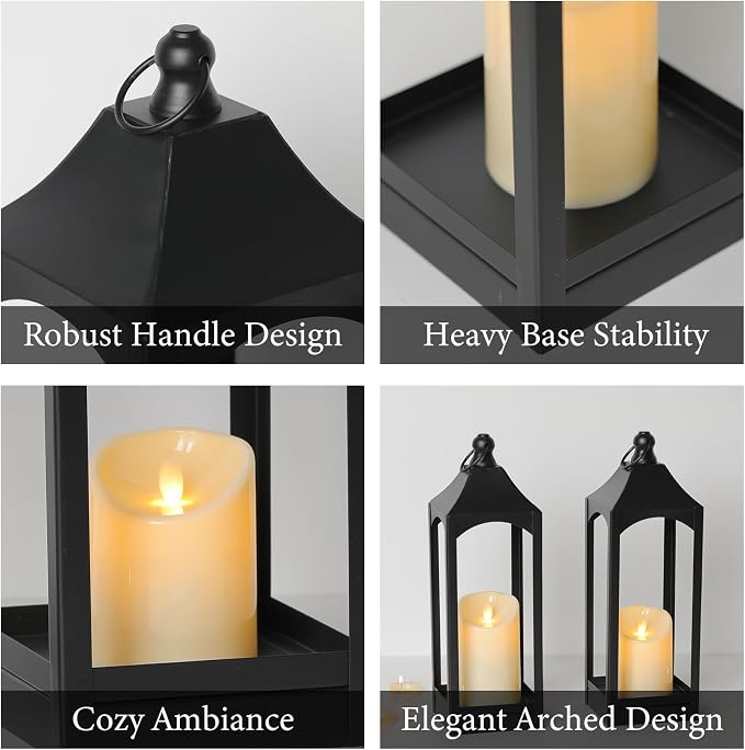 LETINE 2-Pack 12.67" Black Metal Farmhouse Candle Lanterns - Image 3