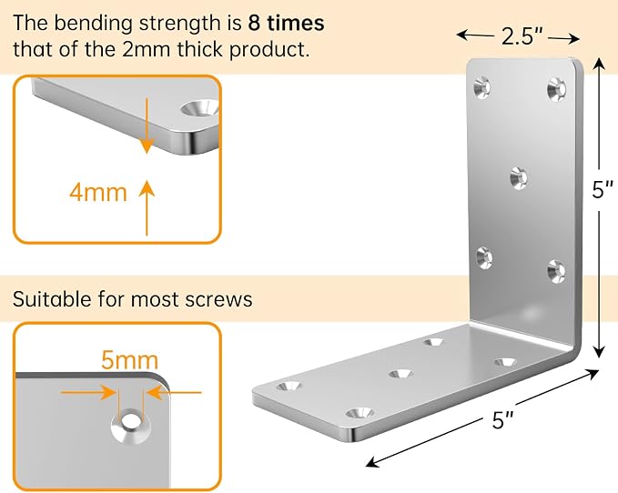 Heavy Duty L Brackets 5x5x2.5 for Wood, Metal Shelf Brackets, 90 Degree Corner - Image 5