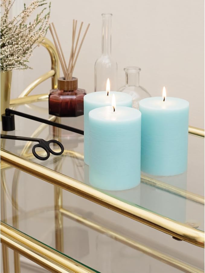3x4 inch Pillar Candles Set of 3 – Unscented Dripless Rustic Light Turquoise - Image 6