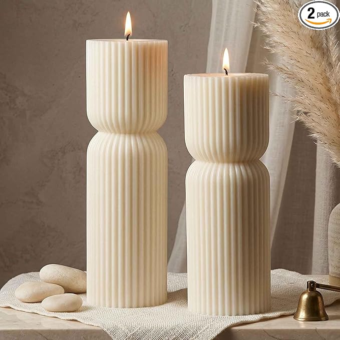 Aesthetic Sandalwood Scented Candles, Ribbed Pillar Candle Set of 2, Natural by MAKALONE