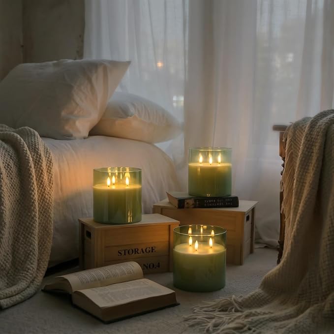 Homemory Sage Green Large Glass Flameless LED Candle, 3 Wicks, Remote Timer | - Image 4