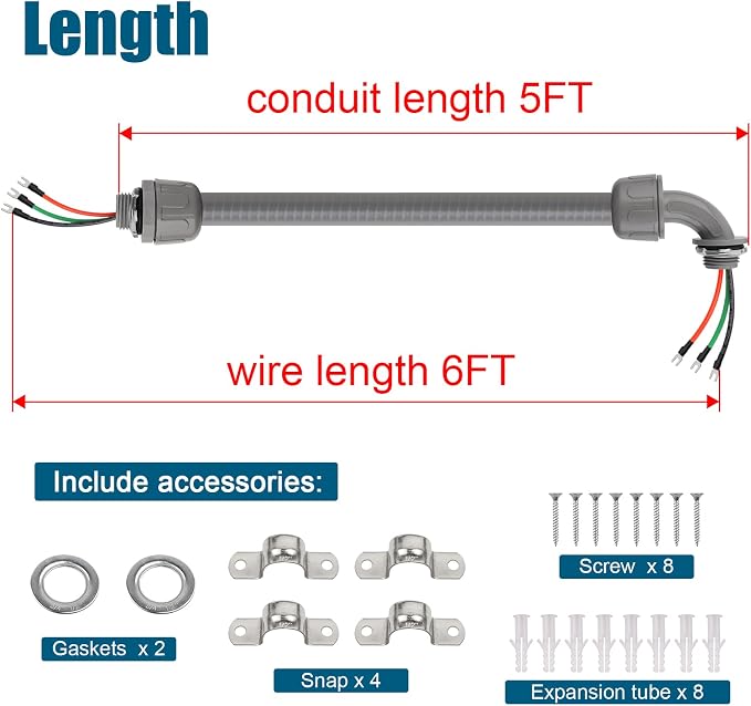 6FT Non-Metallic Liquid-Tight Conduit Kit, 1/2" Pre-Wired Electrical Whip - Image 5