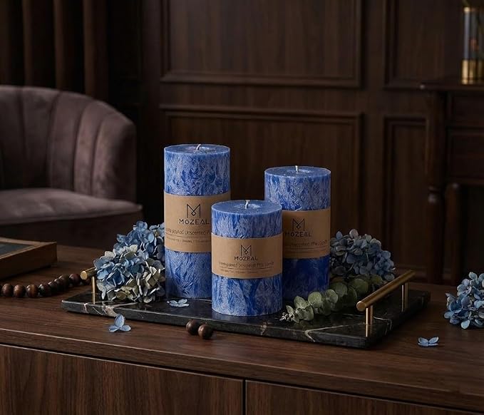 MOZEAL Hand-Poured, Unscented Blue Crystal Pillar Decorative Candles, Elegant - Image 3