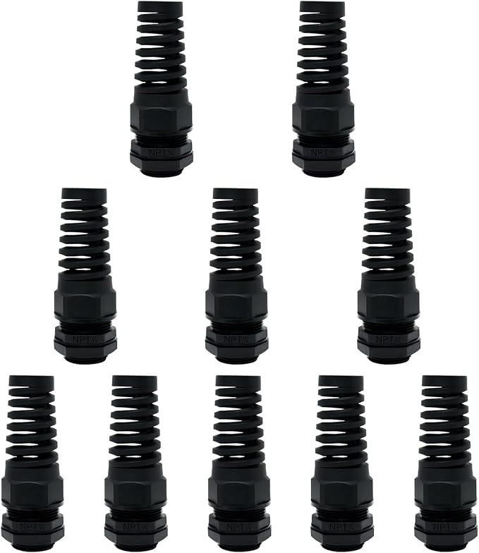 10Pcs NPT 1/4" IP68 Waterproof Cable Gland Flex Spiral Strain Relief Black by LeMotech