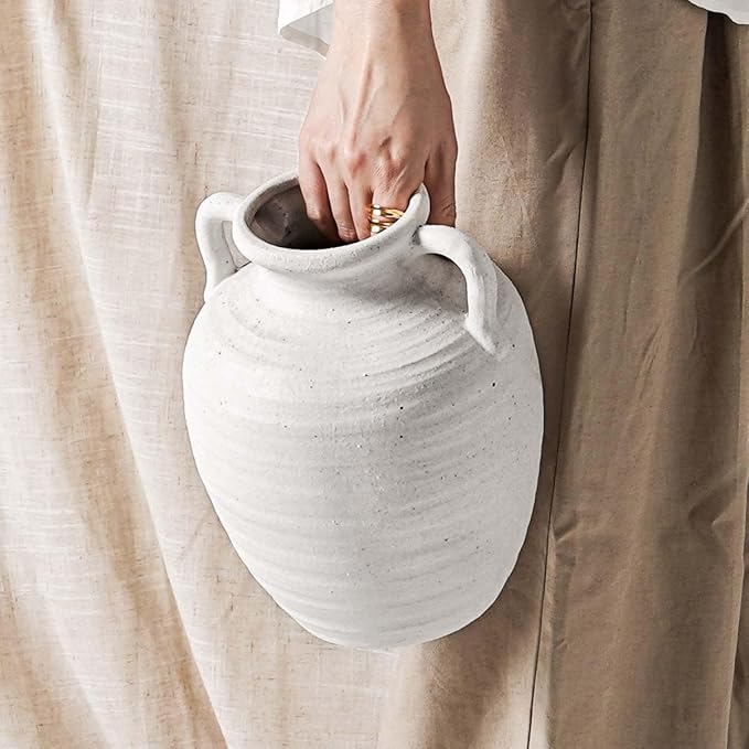 White Ceramic Vase with Handles, Farmhouse Rustic, Sandstone White | Decorative by LETAUCIGARDEN