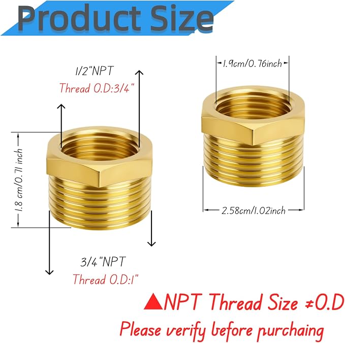 4pcs Brass Reducer Hex Bushing, 3/4" NPT Male to 1/2" NPT Female Heavy Duty - Image 2