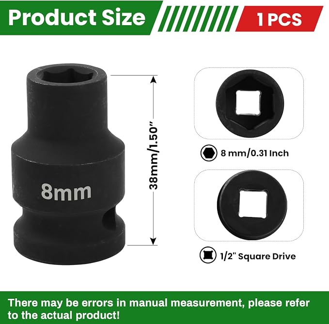 1/2" Drive 8mm Deep Impact Socket, 6 Point Chrome Molybdenum Steel Heavy Duty - Image 2