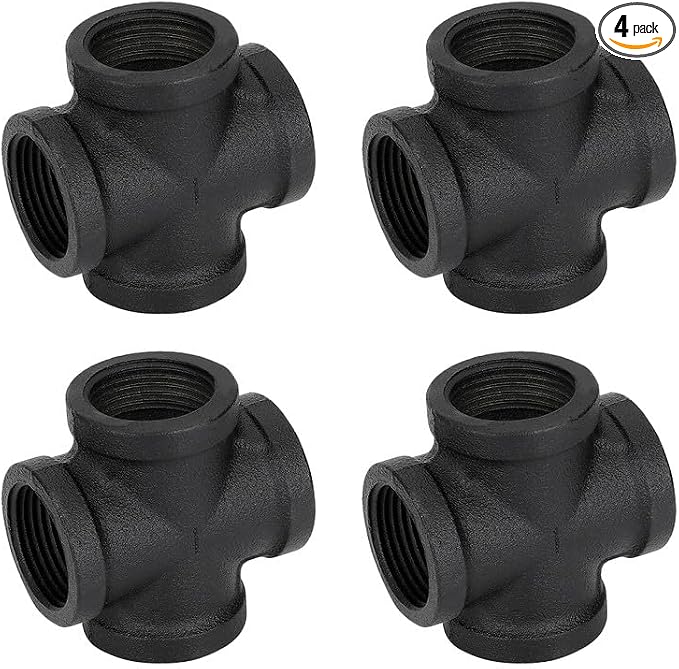 1" Black Pipe Fittings 4-Way Cross Fitting Home Expert 4 Pack | Malleable Cast by HomeExpert