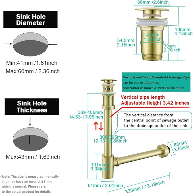 Brass Round Bottle P-Trap with Pop Up Drain Stopper with Overflow, 1 1/4 - Image 2