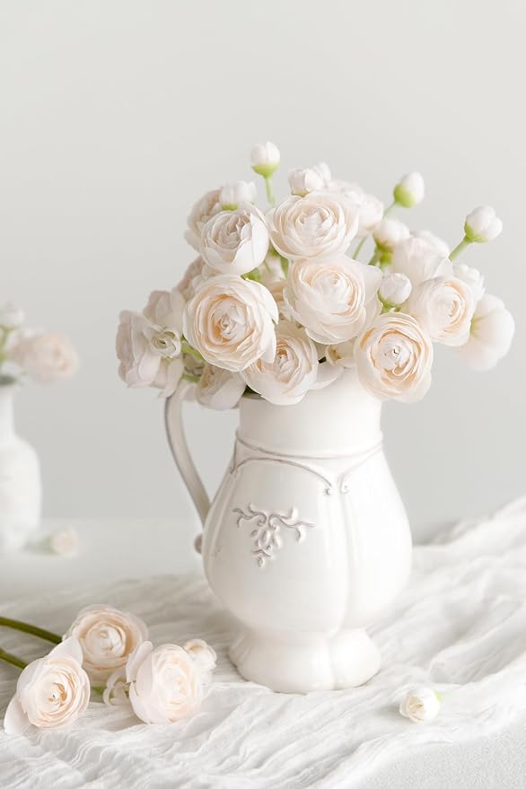 Ling's moment Fake Flowers Artificial Flower Faux Silk Ranunculus Cream | Silk - Image 2