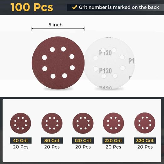 HARFINGTON 100Pcs 5Inch Sanding Disc 8 Hole Hook and Loop Sandpaper Red | - Image 2