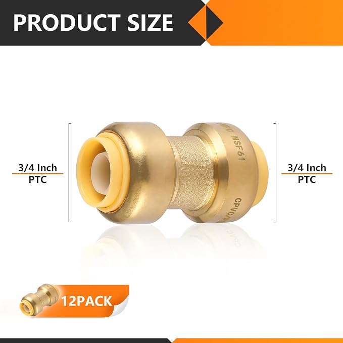 12PC HeSun Pushfit Coupling, 3/4"x3/4" Push to Connect Plumbing Fittings | - Image 2