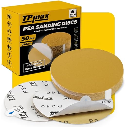 6-Inch 240-Grit Gold PSA Sanding Discs, 50 Pack – Pro-Grade Self-Adhesive by TPmax