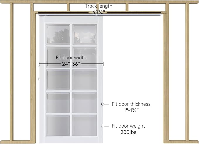 6FT/72in Sliding Pocket Door Hardware Kit, Commercial Grade, Aluminum Box Rail - Image 3