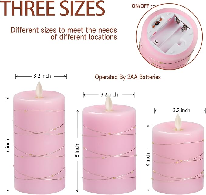 Pink Flameless Candles with String Lights Battery Operated Flickering LED - Image 5