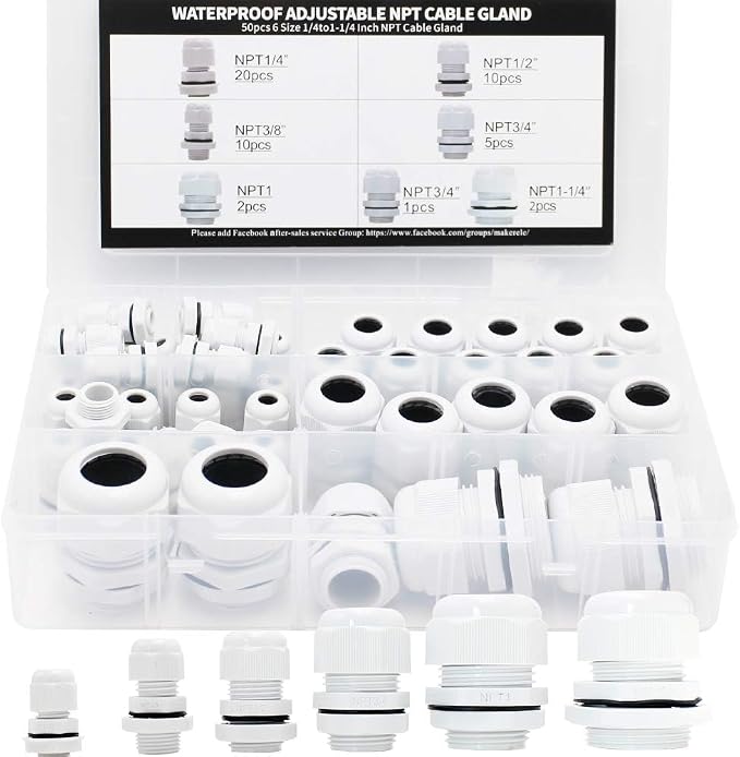 MAKERELE 50pcs NPT Cable Glands Kit Waterproof Strain Relief Connector | Grey by MAKERELE