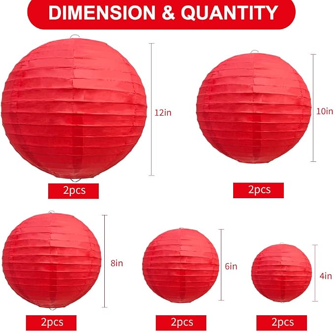 BEISHIDA Red Paper Lanterns 10Pcs 4/6/8/10/12 Inch Round Chinese Lamp | Paper - Image 2