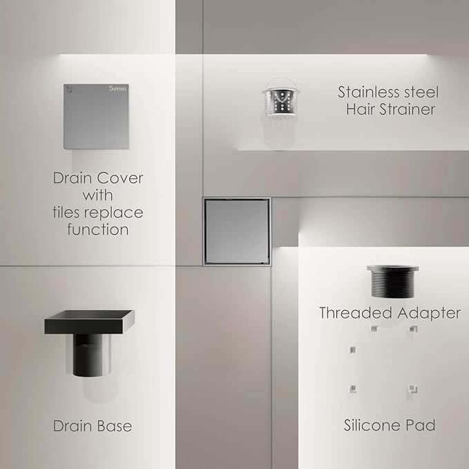 Sunrosa 4 Inch Square Shower Drain, Polished Chrome, 304 Stainless Steel | - Image 4