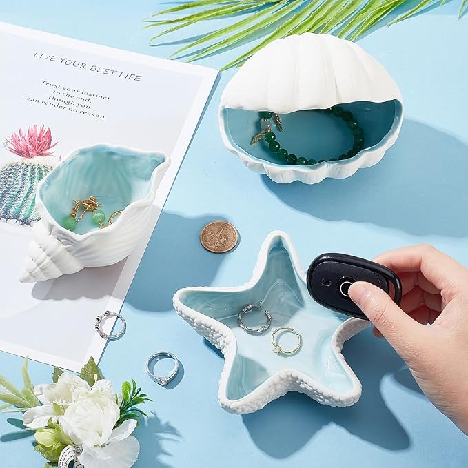 NBEADS Starfish Shape Ceramic Jewelry Tray, Aqua Shell Trinket Dish Ceramic - Image 3