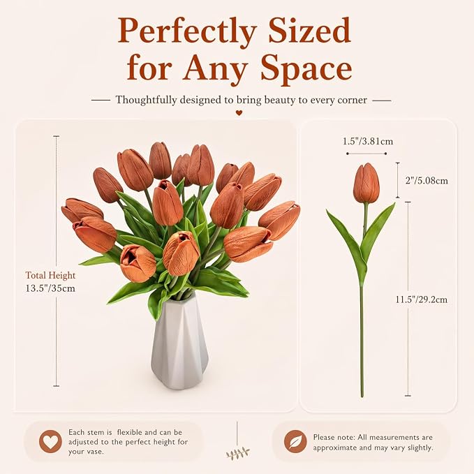 Mandy's 20pcs Artificial Burnt Orange Tulips | 13.5 Inch Lifelike PU Tulips - Image 3
