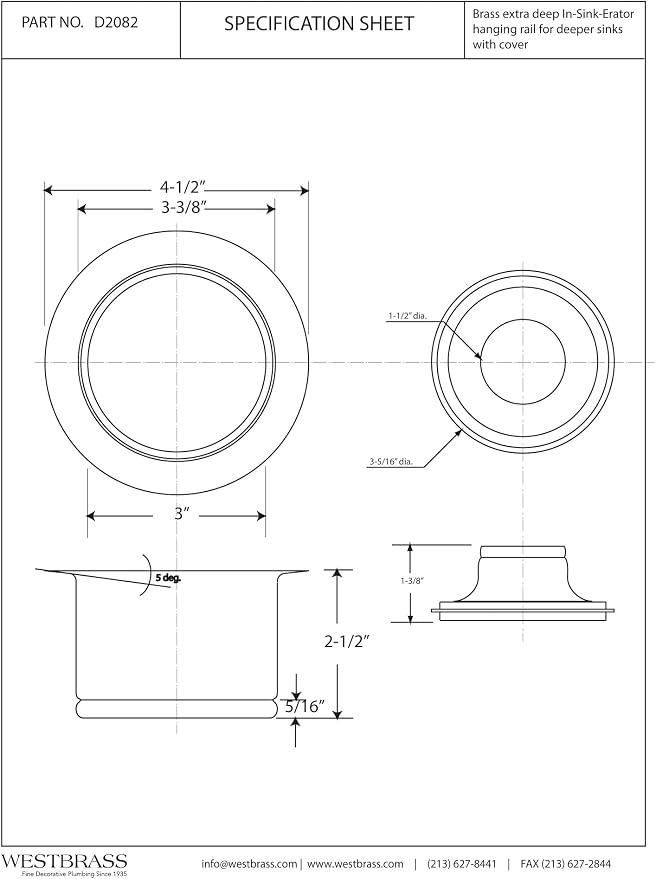 Westbrass D2082-26 3-1/2" Extra-Deep Collar Kitchen Sink Waste Disposal Flange - Image 2