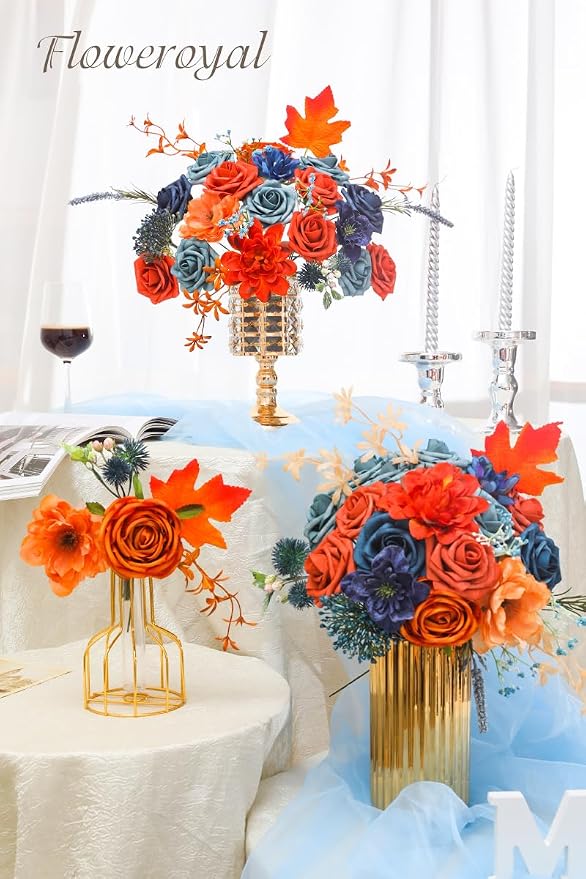 Artificial Flowers Combo Orange Flowers Mix Silk Flowers Dahlia Roses - Image 4