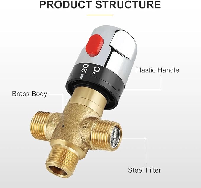 Thermostatic Mixing Valve Shower Mixing Valve 1/2" NPT Solid Brass Hot and Cold - Image 7