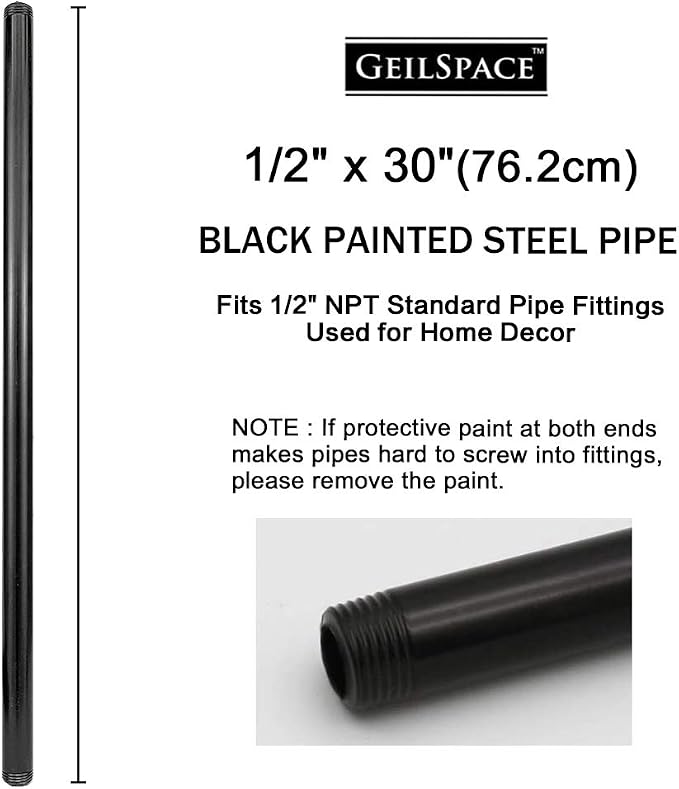 6 Pack 1/2" × 30" Pre-Cut Black Metal Pipe, Industrial Steel Fits Standard Half - Image 2