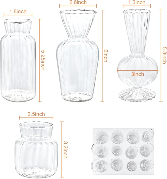 12 Pcs Ribbed Glass Bud Vases Set, 4 Styles Clear Small Flower Vases | Mini - Image 2