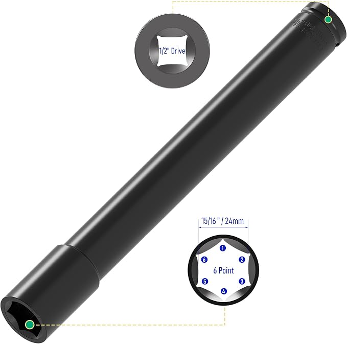1/2" Drive 24mm Socket Accessory Set, 12 Inch Length | Deep 6-Point Impact - Image 2