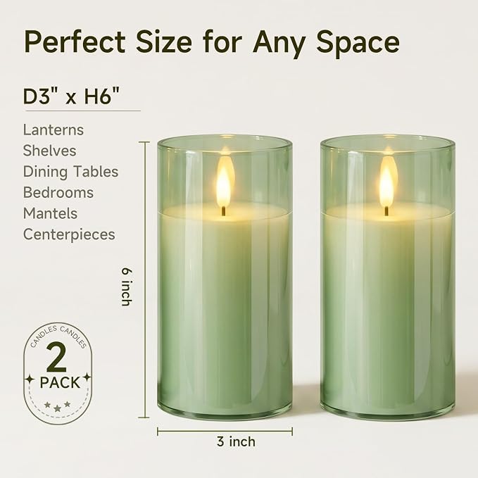 Homemory Sage Green Glass Flameless Candles, Real Wax, Remote Timer, 2 Pack | - Image 8