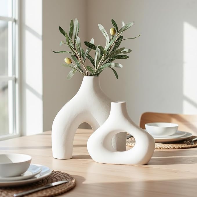 Carrot's Den Ceramic Modern Vase Set of 2, Donut Shelf Decor, Warm White | - Image 9