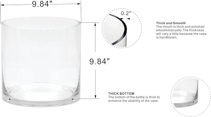 10" Wide 10" Tall Large Hand Blown Sturdy Clear Cylinder Glass Vase, - Image 2