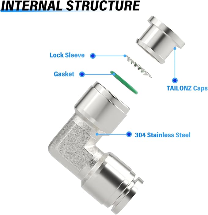 TAILONZ 304 Stainless Steel Elbow 1/4" 1pcs | 90° Push-to-Connect Elbow Fitting - Image 3