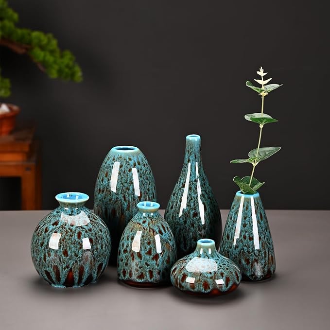 Ceramic Bud Vase Set, Fambe Blue Glazed Finish, Decorative Flower Vases - Image 9