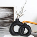 Ceramic Vases Set of 2, Modern Black Round Vase Rustic Home Decor, Donut by QLOFEI