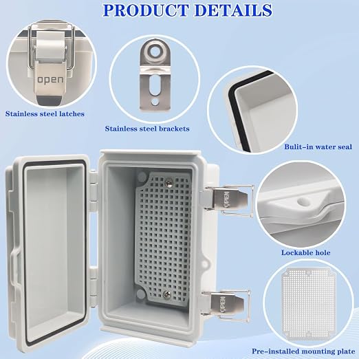 Waterproof Electrical Box, IP67 Junction Box Stainless Steel Latch Hinged Grey - Image 3