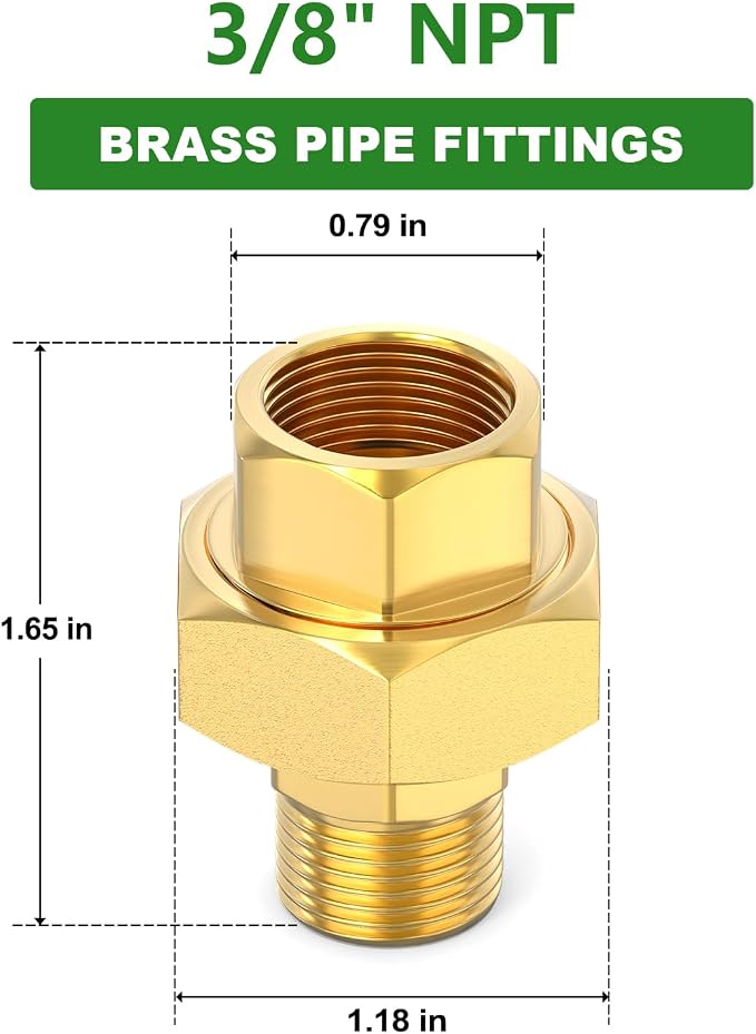 2PCS Brass Union，3/8" NPT Male x 3/8" NPT Female Brass Pipe Fitting - Image 2