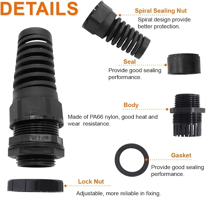 2Pcs NPT 1" Black Cable Gland | IP68 Waterproof, Nylon Joint, Adjustable Locknut - Image 4