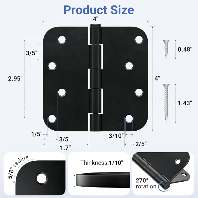 3 Pack 4 Inch Door Hinges Matte Black, Heavy Duty Solid Iron Interior & - Image 2