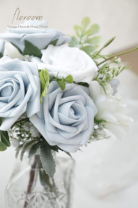 Artificial Flowers 50pcs Real Looking Powder Blue Foam Fake Roses - Image 4