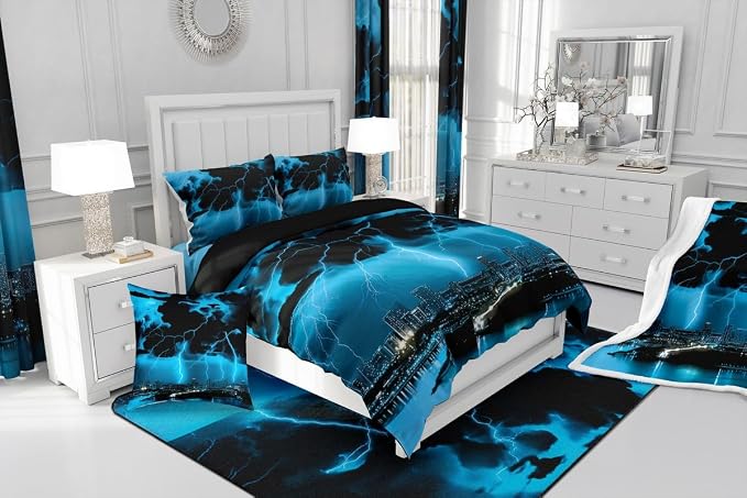 jejeloiu Blue Thunder Lightning Window Drapes Cool Flashing Lightning Blackout - Image 7
