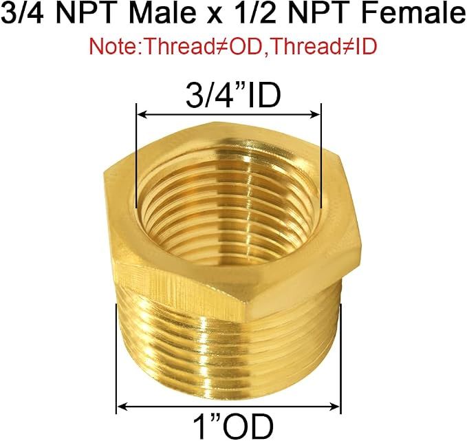 Joywayus 10Pcs Brass Reducing Hex Bushing 3/4" NPT Male to 1/2" NPT Female | - Image 2