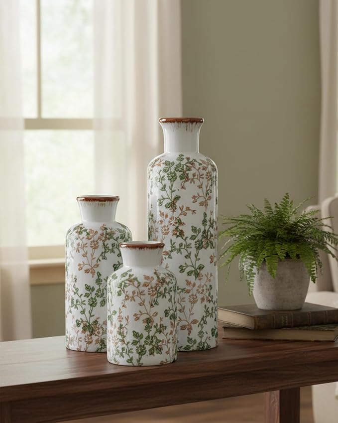Brown and Green Ceramic Vase Set of 3, Vintage Botanical Vases - Image 6
