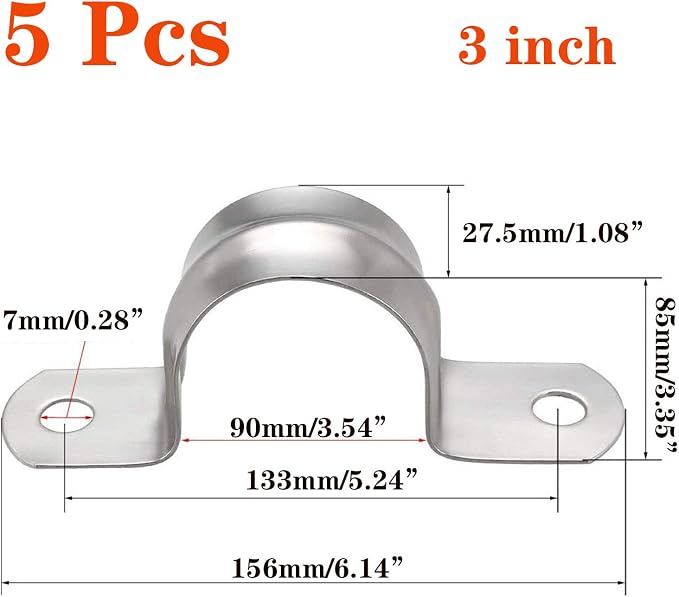 5 Pcs 3inch Rigid Pipe Strap, Two Hole Stainless Steel Strap U Bracket - Image 2