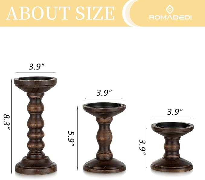 Romadedi Wood Candle Holders for Pillar, Dark Brown, Farmhouse Candle Stand - Image 3